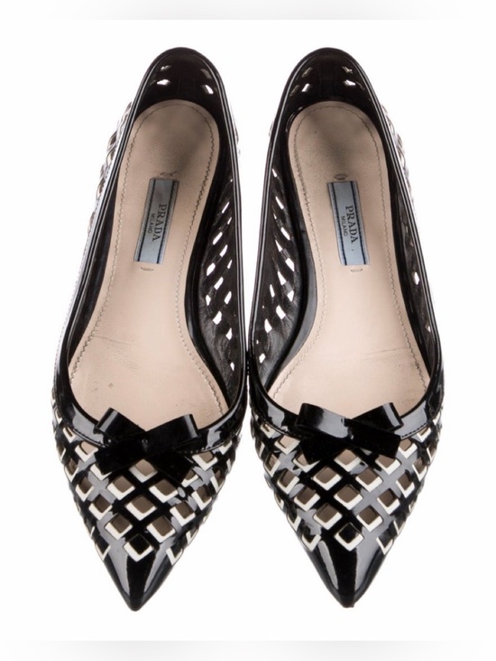 Prada Shoes - Prada Black Patent with White Accent, Pointed-Toe Cutout Flats, 6.5